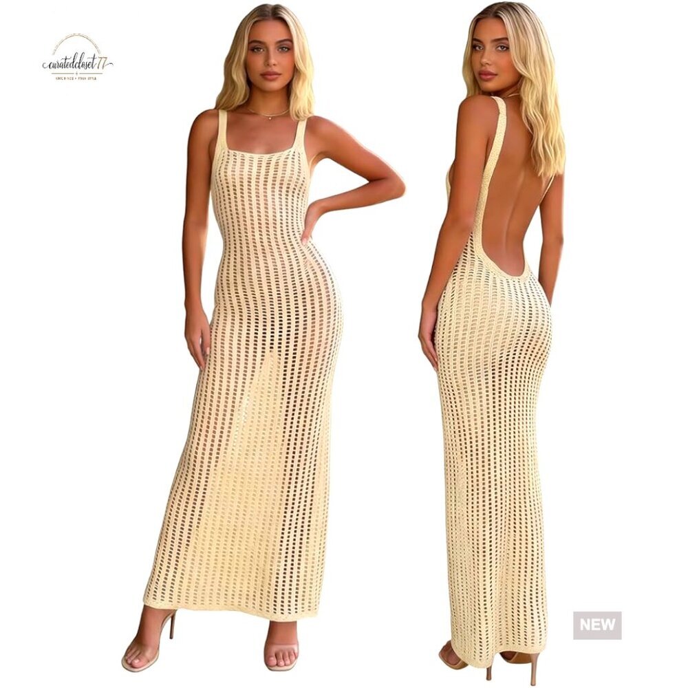 Crochet Knit Maxi Dress Backless Hollow Out Mesh Sundress Summer